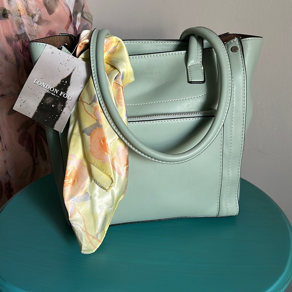 New London Fog Vegan Leather Shopper Tote with Floral Scarf Purse Fob - Picture 1 of 15